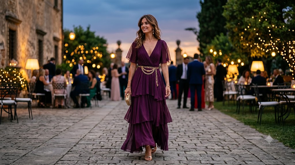 Plum Purple Tiered Chiffon Maxi Dress & Gold Chain Belt